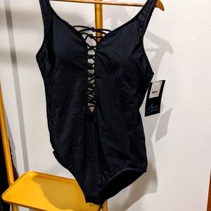 Black Lace-Up One Piece Swimsuit - Aqua Green